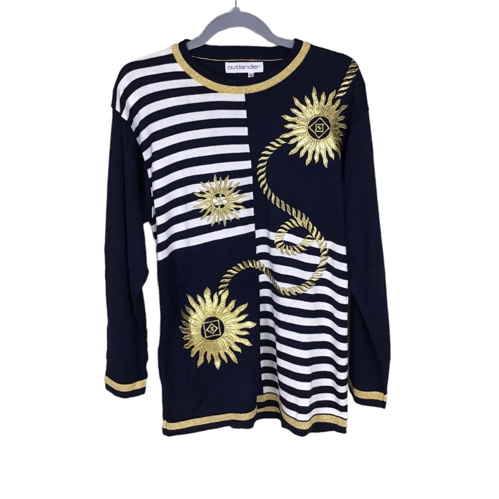 Outlander Women Nautical Striped Gold Embellished Detail Sweater Size Me…